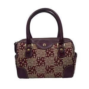 Etienne Aigner Vintage Handbag Burgundy Dark‎ Red Leather Tan Canvas Logo Purse